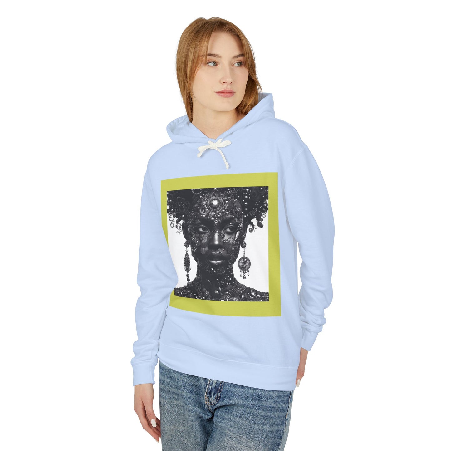 Jewelry-Adorned Face Hoodie — Elegant Portrait Pullover