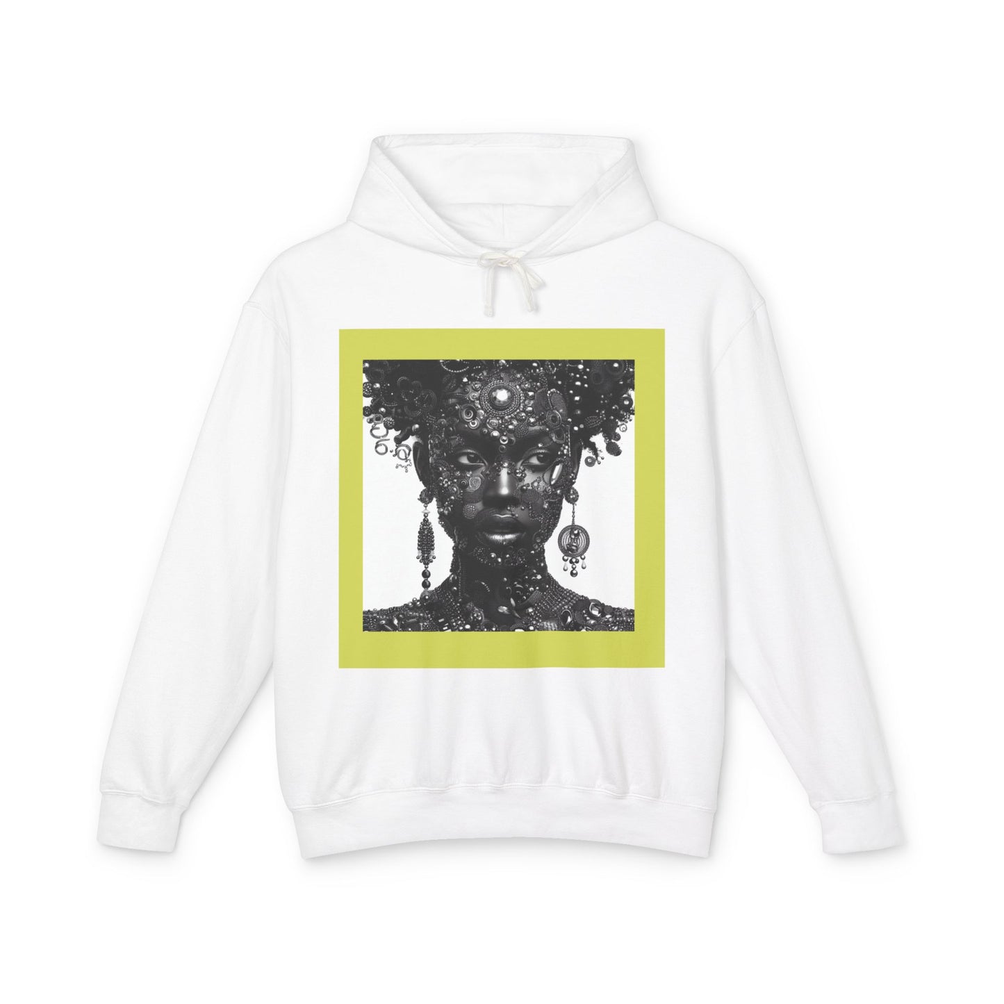 Jewelry-Adorned Face Hoodie — Elegant Portrait Pullover