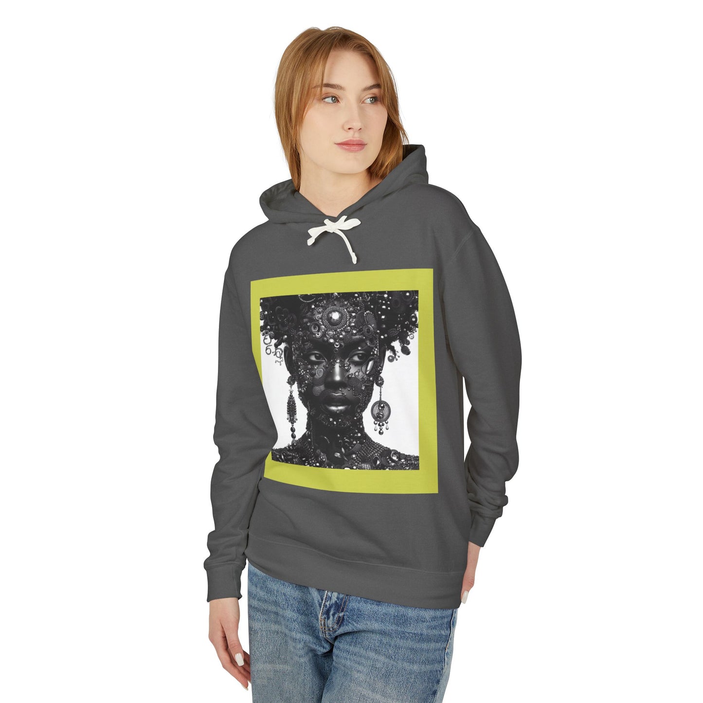 Jewelry-Adorned Face Hoodie — Elegant Portrait Pullover