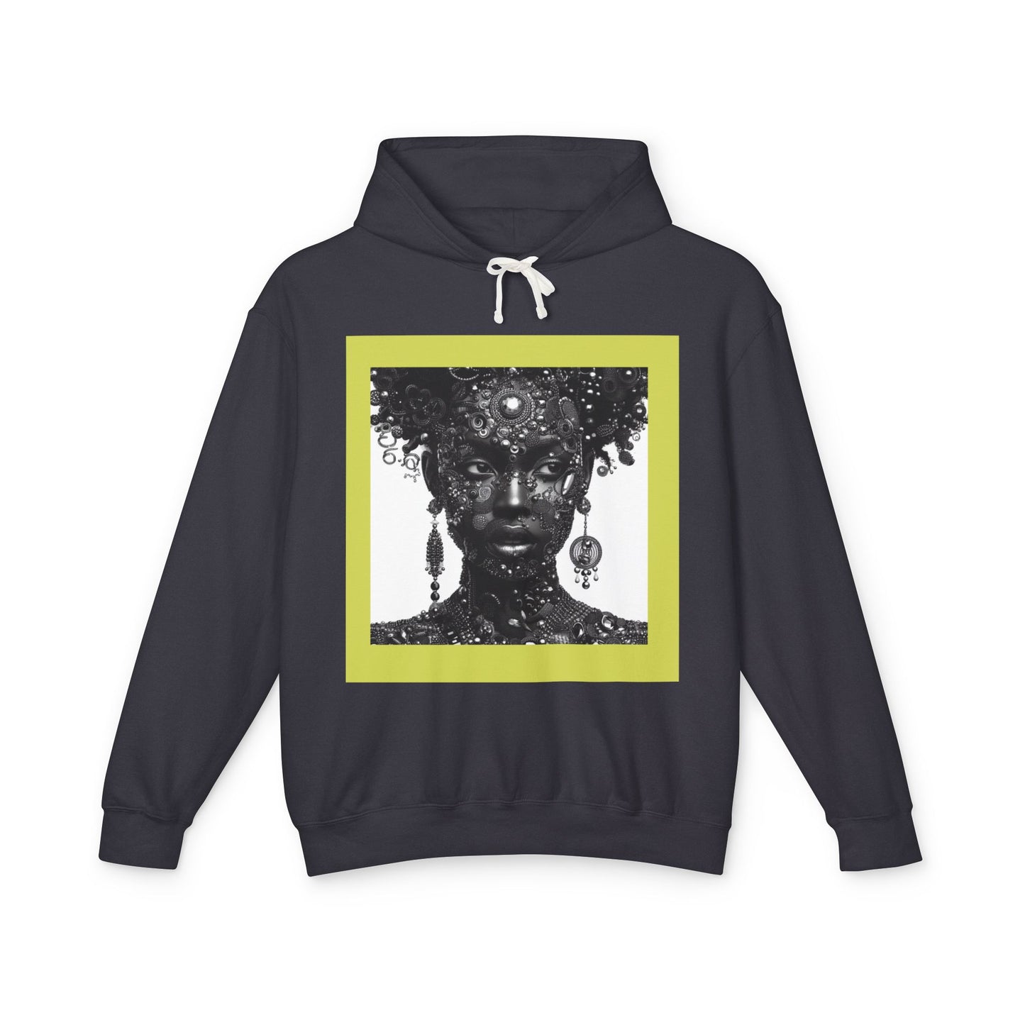 Jewelry-Adorned Face Hoodie — Elegant Portrait Pullover