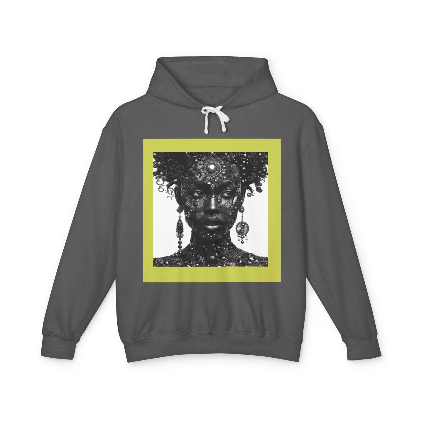 Jewelry-Adorned Face Hoodie — Elegant Portrait Pullover
