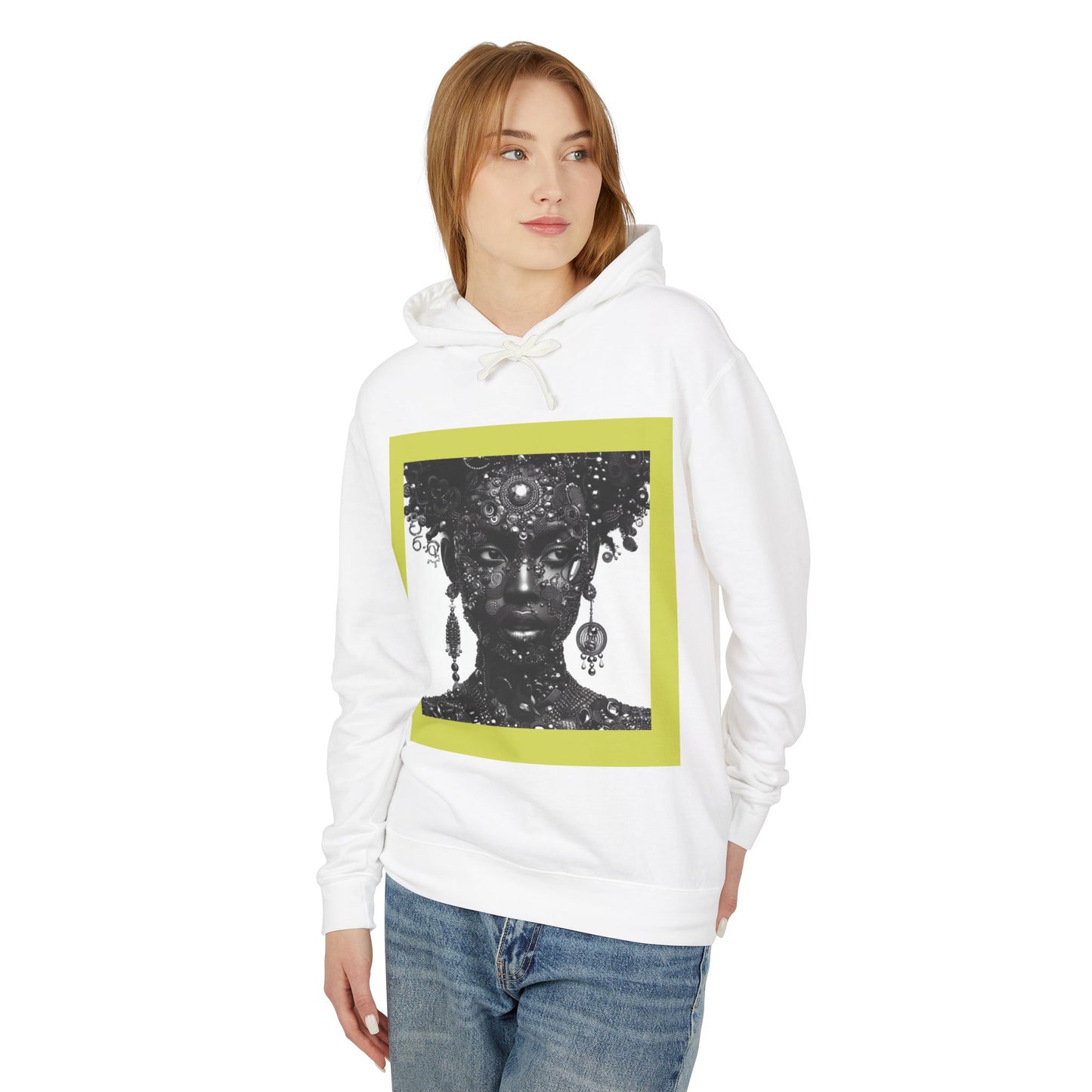 Jewelry-Adorned Face Hoodie — Elegant Portrait Pullover